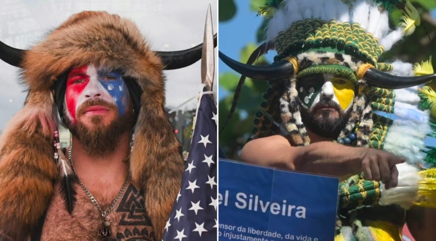A FOTO DIZ TUDO: Sósia de “viking do Capitólio”, que invadiu Senado dos EUA, participa de ato ao lado do deputado bolsonarista Daniel Silveira; o recado foi dado sobre o que o Brasil pode esperar deles