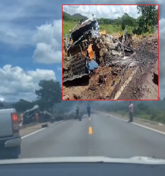Colisão entre caminhão, carreta e carro de passeio deixa dois mortos na BR-070, em Cáceres.