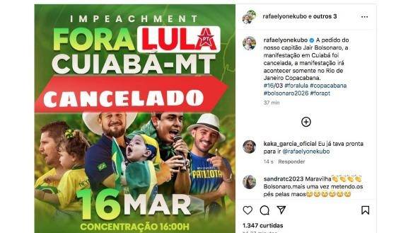 Movimento Direita Mato Grosso cancela ato ‘Fora Lula’ que aconteceria dia 16 de março