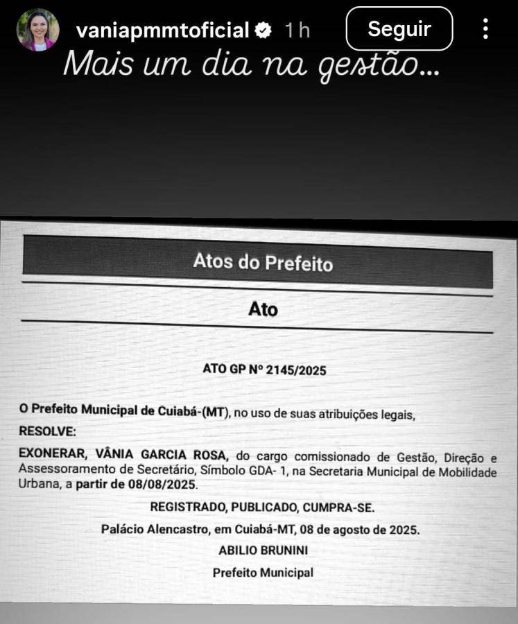 Vice-prefeita publica seu ato de exoneração do cargo de secretária da Semob em seu instagram 