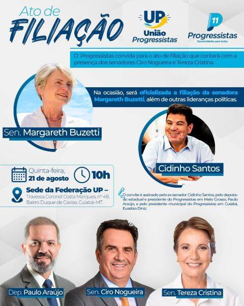 Buzetti oficializa volta ao Progressistas em ato com Ciro Nogueira em Cuiabá