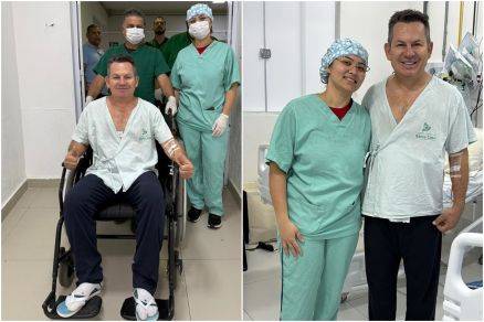 Mauro aparece sorrindo ao lado de funcionários após acidente no Parque