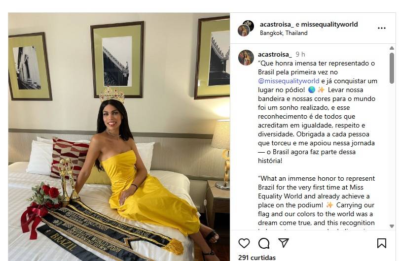  Cuiabana de 31 anos leva o 3º lugar no Miss Equality World 2025