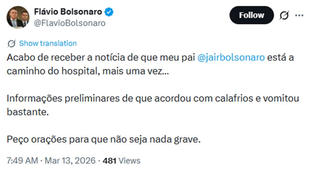 Bolsonaro vai para o hospital com vômitos e calafrio
